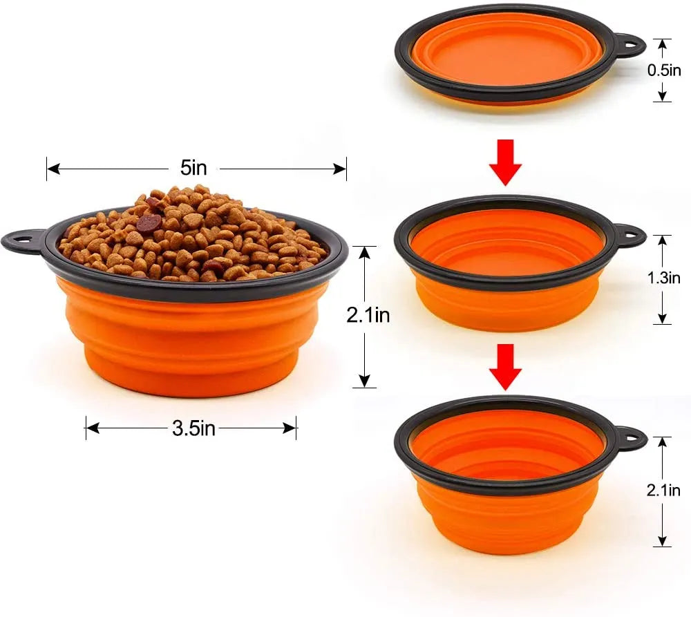 Set of 5 orange 5" portable and foldable small dog bowls by Vibhsa, perfect for pet travel and outdoor feeding.