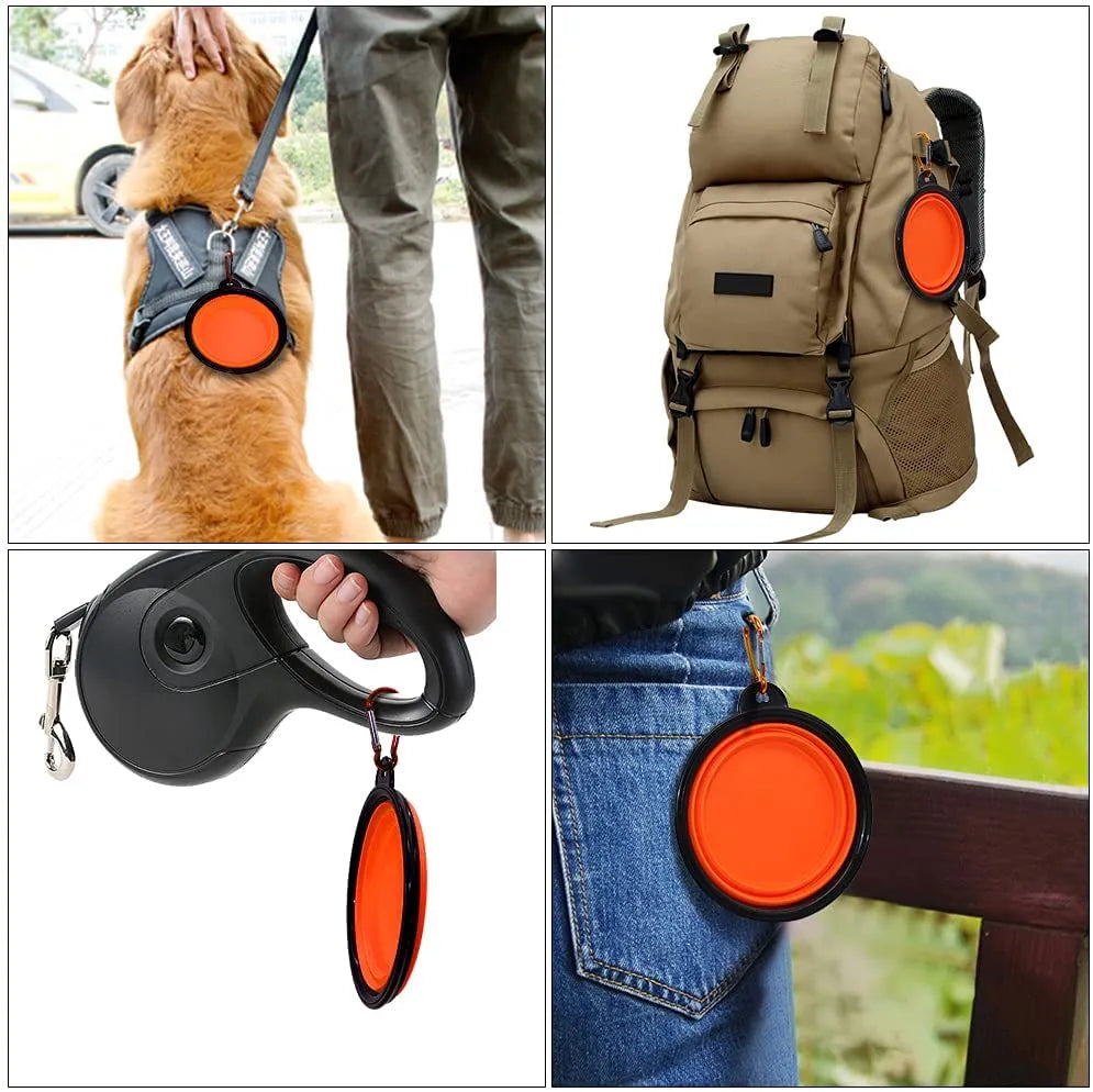 Set of 5 orange 5" portable and foldable small dog bowls by Vibhsa, perfect for travel and outdoor use.