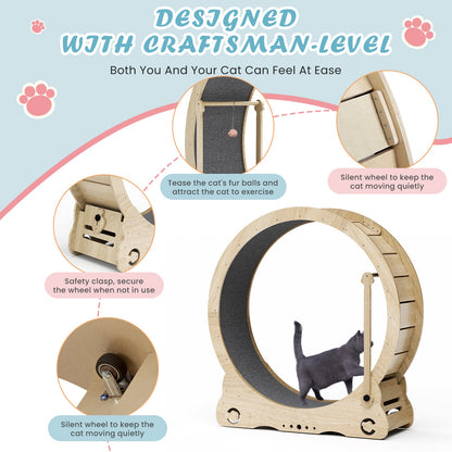 Indoor cat treadmill with carpet, tear device and latch natural wood, 39.4 inches long x 13.2 inches wide x 41.3 inches high