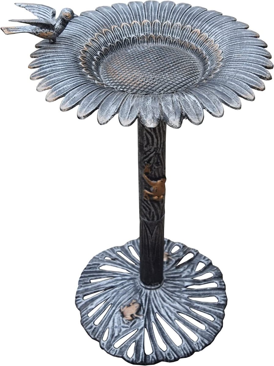 Antique Pewter Sunflower Design Aluminum Birdbath, Silver