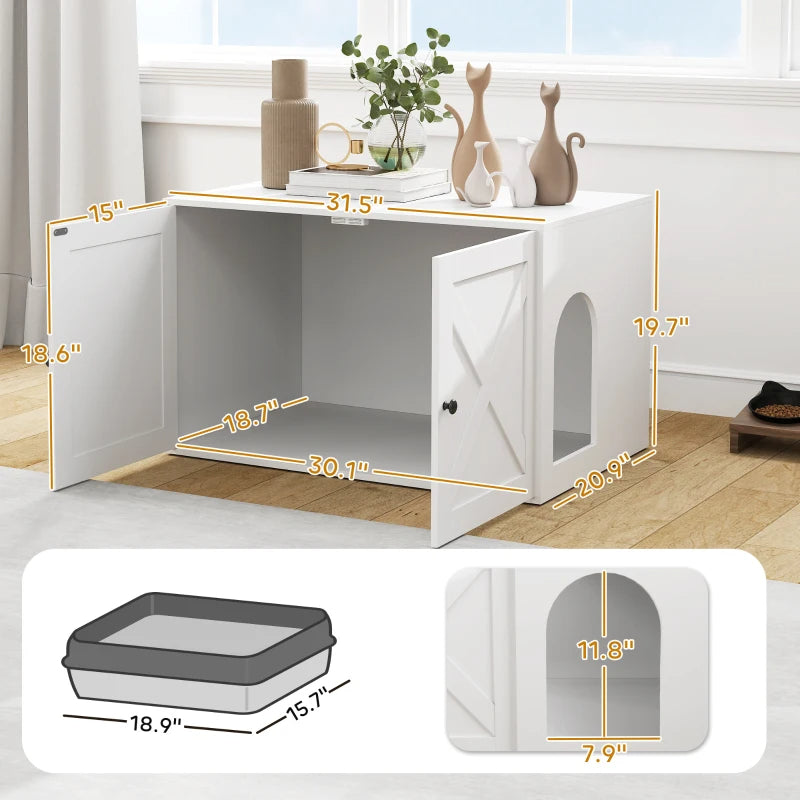White wooden cat litter box enclosure with barn doors, a side cat hole, and size dimensions labeled.