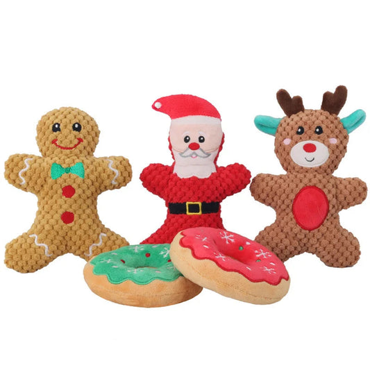 Xmas Pet Dog Plush Noise Chewing Toy Santa Elk Gingerbread Man Donut Cat Dog Christmas Series Cartoon Dog Toy Plush Squeak Toy