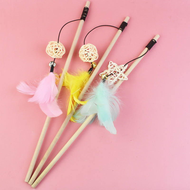 Log Wooden Pole Vine Bal Bell Feather Cat Teaser Stick