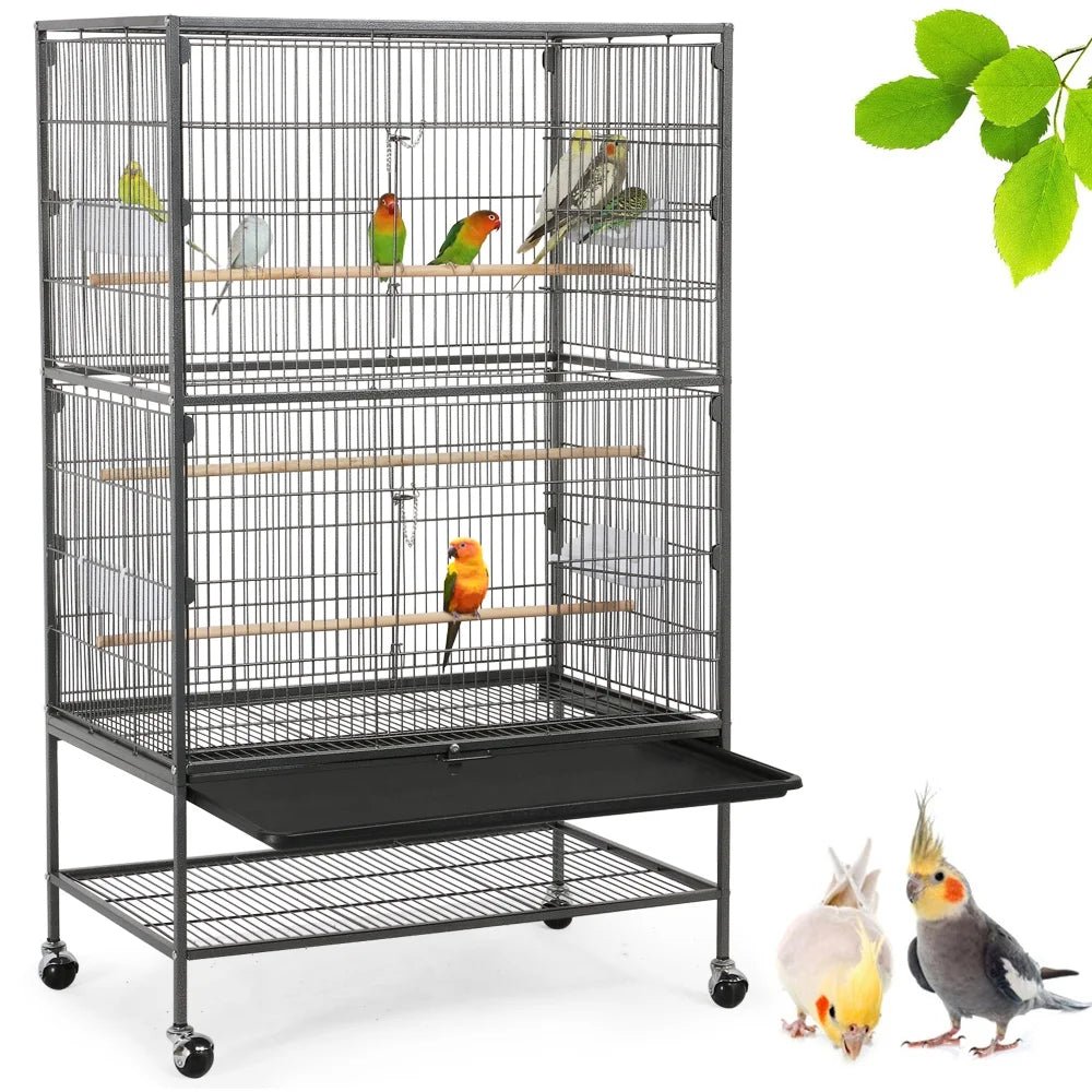 52''H Metal Rolling Bird Cage with 3 Perches & 4 Feeders & Extra Storage Shelf, Black
