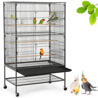 52''H Metal Rolling Bird Cage with 3 Perches & 4 Feeders & Extra Storage Shelf, Black
