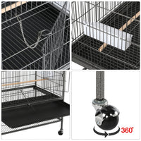 52''H Metal Rolling Bird Cage with 3 Perches & 4 Feeders & Extra Storage Shelf, Black