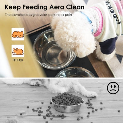 Black elevated pet feeder with 2 stainless steel bowls. Reduces neck pain and mess for cats and dogs.