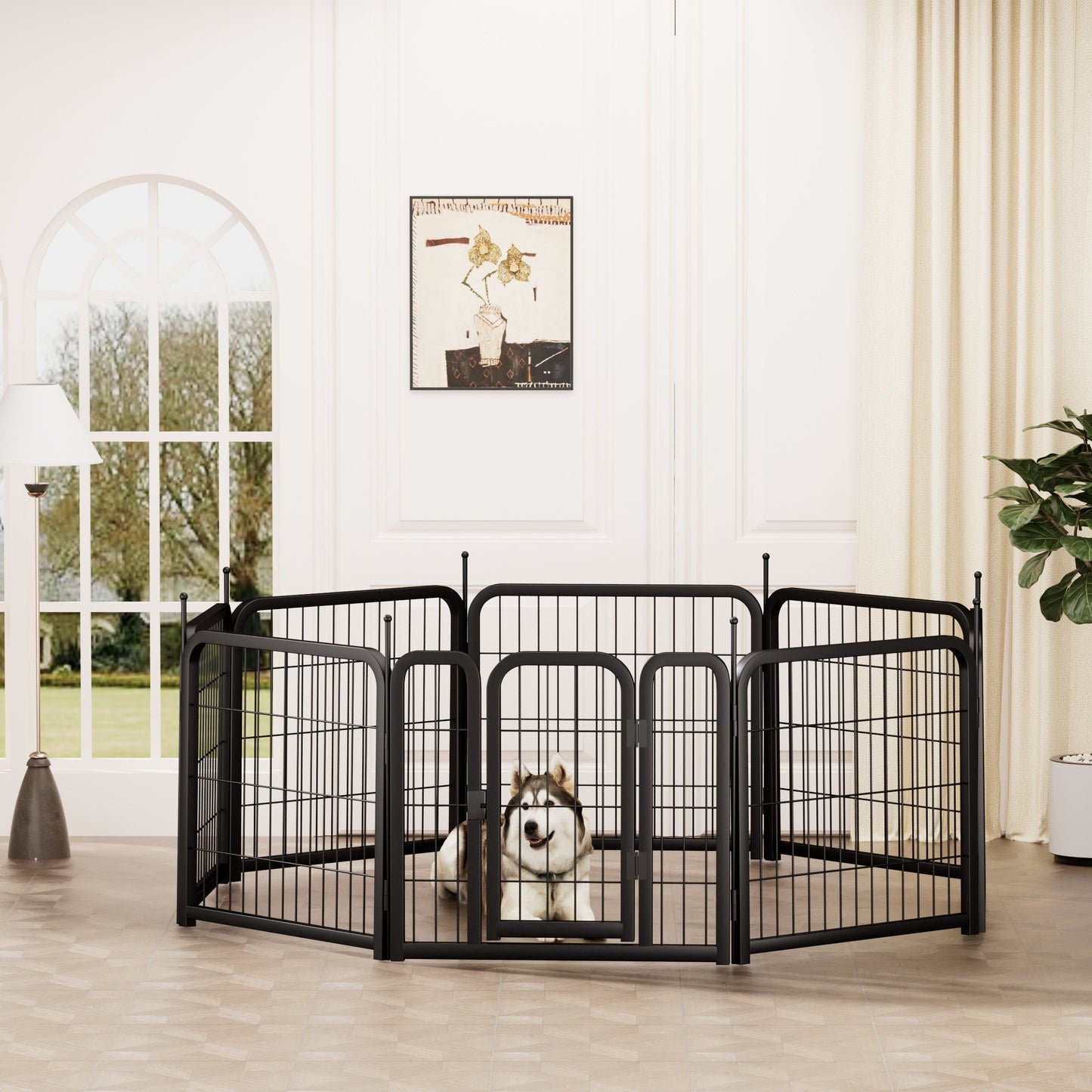 8-panel dog fence, 24 inch small dog pet fence, portable indoor pet game fence. Black, 22.2 inches wide x 23.6 inches high. - Purrfect Pet Kingdom