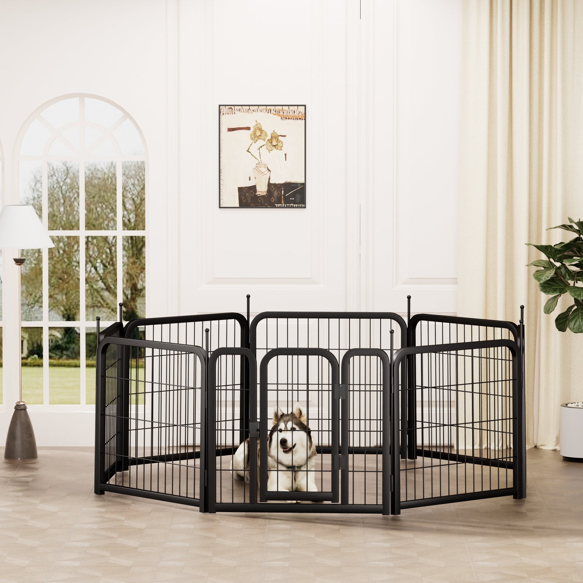 8-panel dog fence, 24 inch small dog pet fence, portable indoor pet game fence. Black, 22.2 inches wide x 23.6 inches high. - Purrfect Pet Kingdom