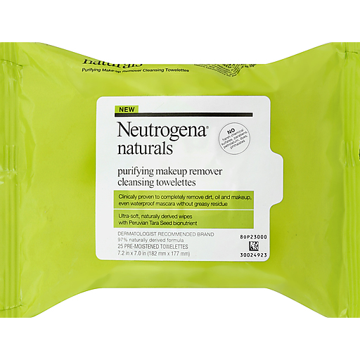 Neutrogena Naturals Purifying Makeup Remover Facial Cleansing Towelettes With Peruvian Tara Seed Bionutrient, Hypoallergenic, Non-Comedogenic & Sulfate-, Paraben- & Phthalate-Free Face Wipes, 25 Ct
