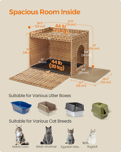Tan rattan Boho Haven cat enclosure infographic with dimensions, front and side entry. Fits various cats and litter pans.