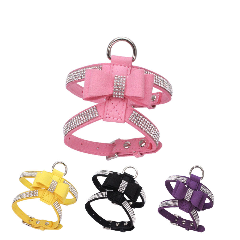 Suede Dog Harness & Leash Set – Rhinestone Bow, Soft & Elegant
