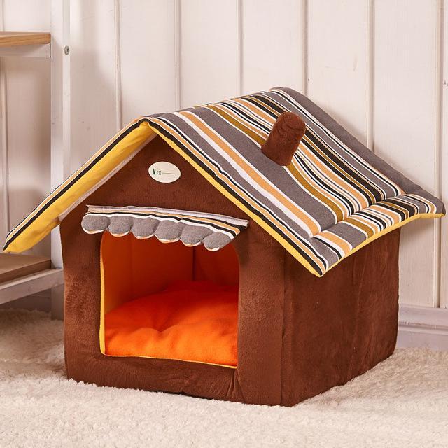 Estely washable brown plush pet house with striped roof and orange cushion for small and medium dogs.