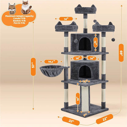 Renwick 69in dark gray cat tree with 2 condos, side hammock, scratching board, and 3 ear-shaped top perches.