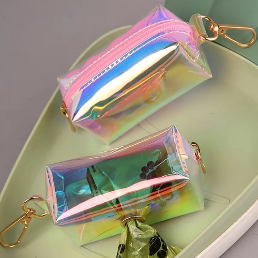 1pc Holographic Reflective Dog Poop Bag Dispenser - Colorful Iridescent Waste Bags for Walks Easy-Carry Design for Pet Owners