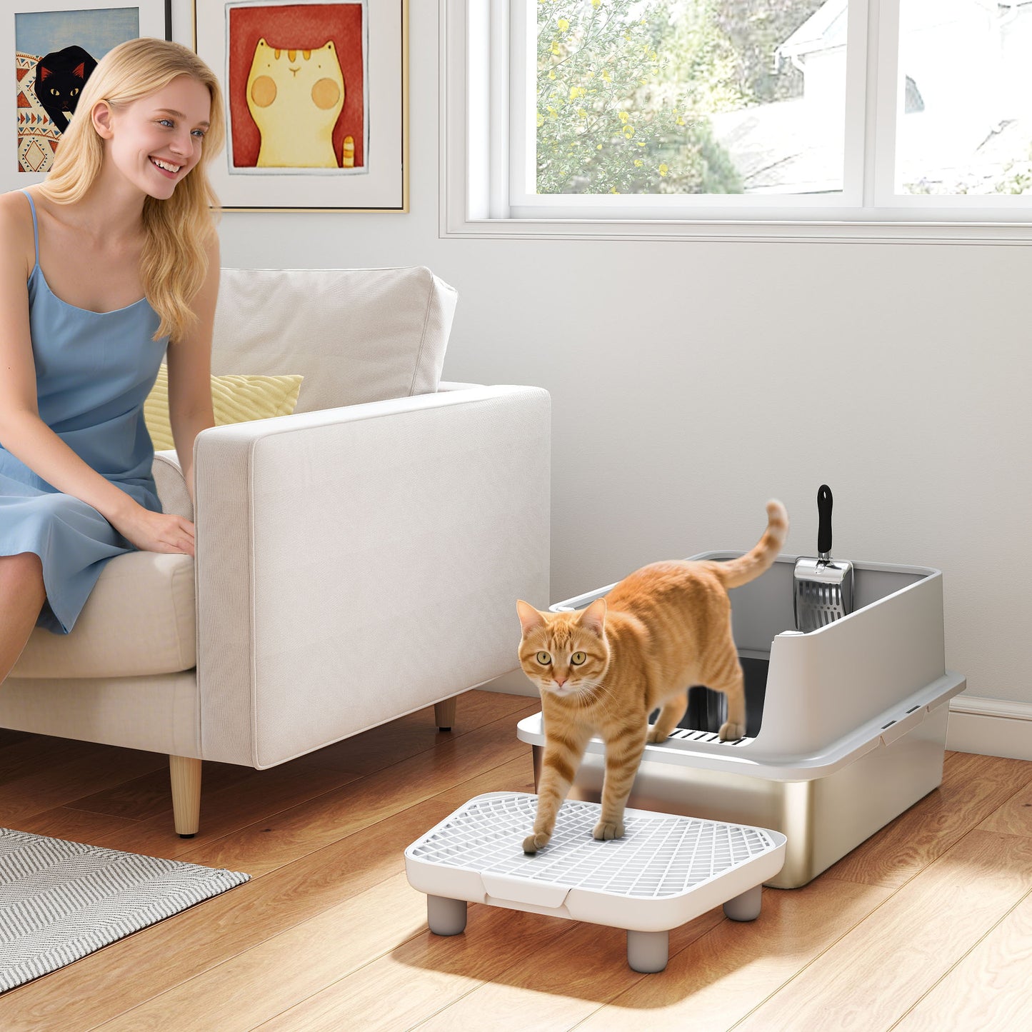 XL Stainless Steel Flip-Top Cat Litter Box - Enclosed High-Sided Toilet