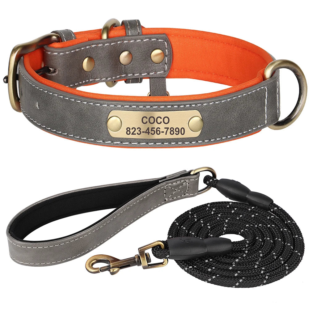 Personalized Dog Collar Leash Set Custom PU Leather Dogs Tag Collars Free Engraved Nameplate For Small Medium Large Dogs Pitbull