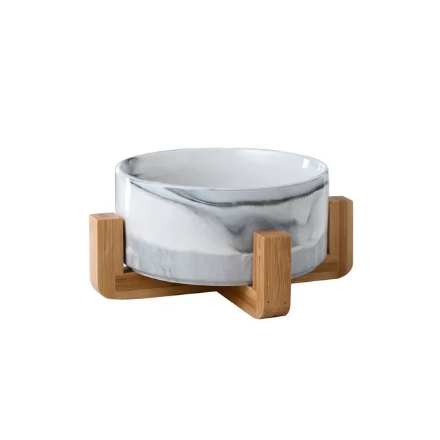 Ceramic Raised Cat Bowl w/ Wood Stand - Ameraeon