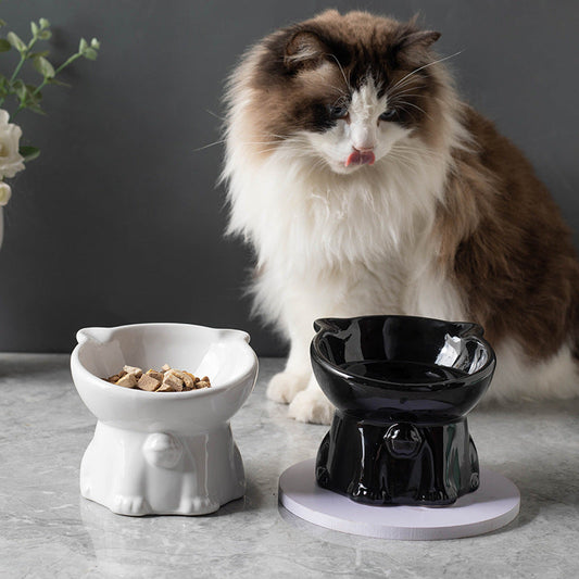 Purrfect Pet Kingdom Ceramic Cute Black Drinking High Foot Cat Bowl Pet Supplies (White) - Premium Cat Bowls & Feeders