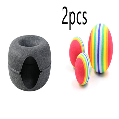 Estely grey woolen felt donut cat tunnel bed with zipper and colorful rainbow-striped interactive toy balls.