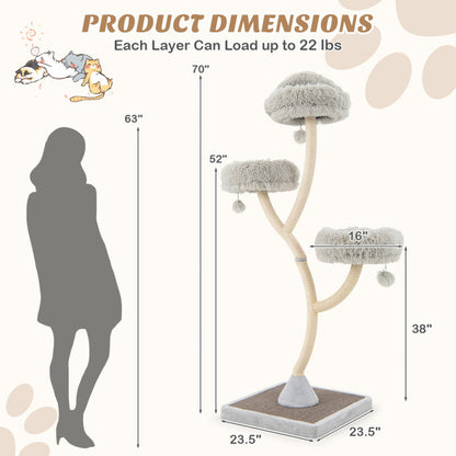 70" Max & Rex grey metal cat tree with 3 plush perches, sisal scratching posts, and product dimensions diagram.