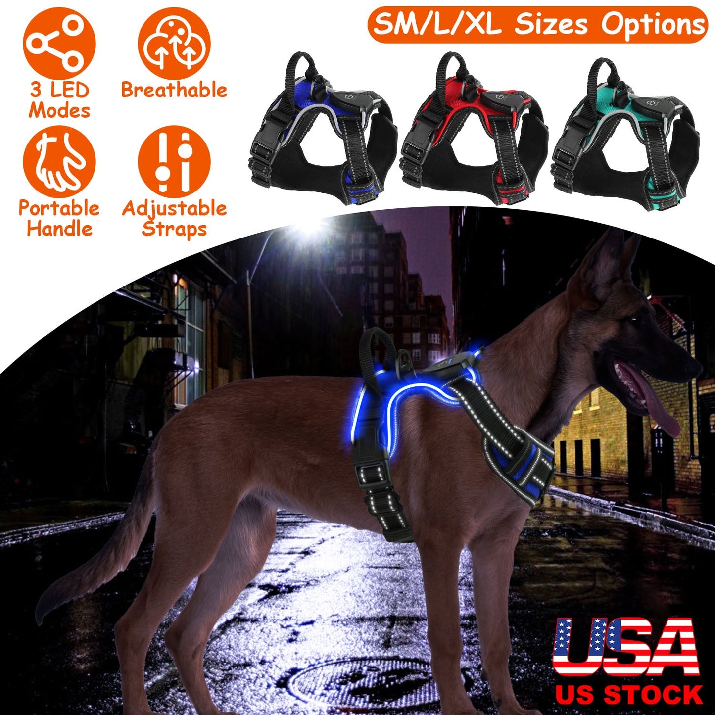Light Up Dog Harness Rechargeable LED Dog Harness No Pull Lighted Dog Vest with Handle for Small/Medium/Large Dogs