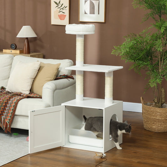 White multi-level Purrfect Pet Kingdom cat tree with litter box enclosure, scratching posts, bed, and grey cat inside.