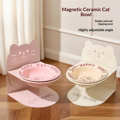 Purrfect Pet Kingdom Ceramic Cat Food Cat Magnetic High-legged Cat Bowl Stand Cat (Pink  English UFO Bowl) - Premium Cat Bowls & Feeders