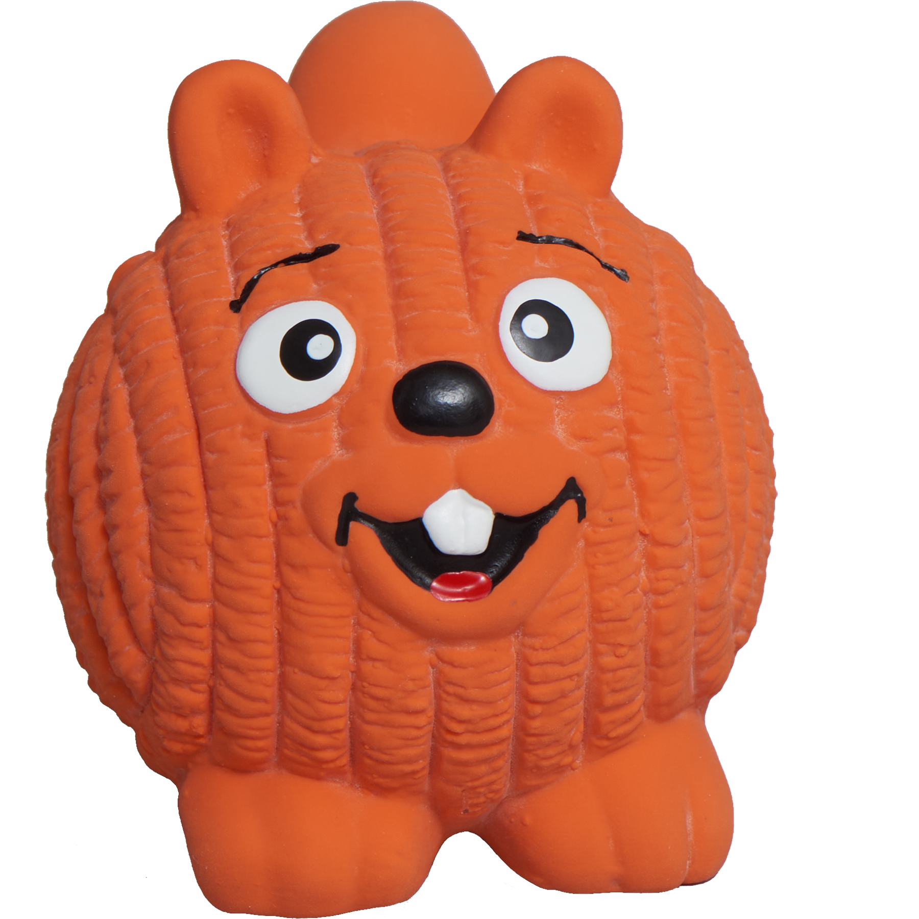 Orange ribbed rubber squirrel dog toy with a smiling face and big eyes from Purrfect Pet Kingdom.