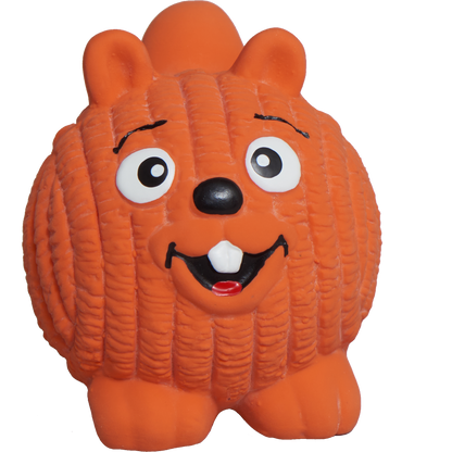 Orange ribbed rubber squirrel dog toy with a smiling face and big eyes from Purrfect Pet Kingdom.