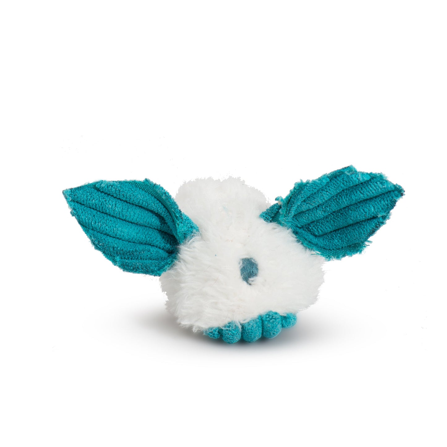Purrfect Pet Kingdom white plush dust bunny cat toy with teal corduroy ears and feet.
