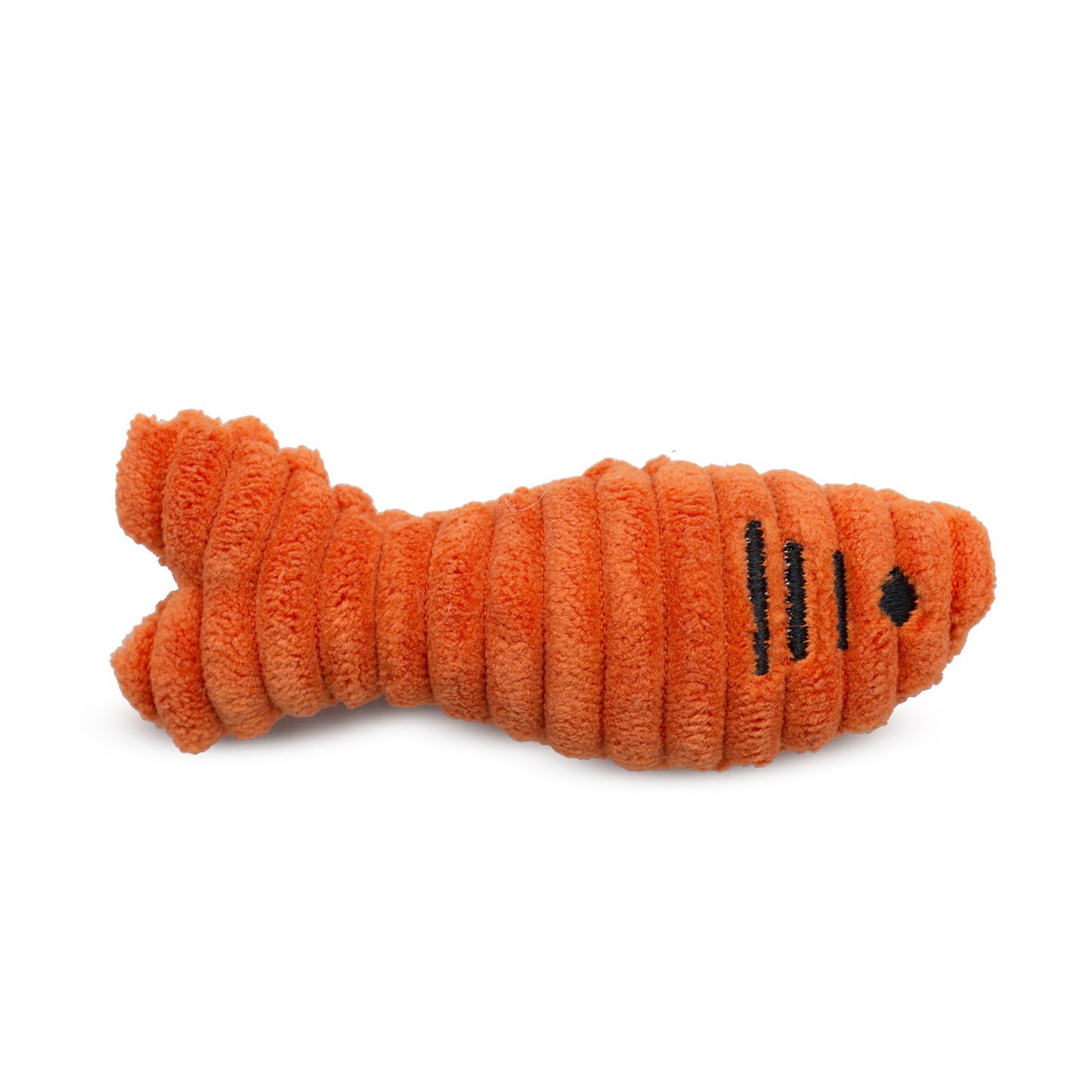 Purrfect Pet Kingdom orange corduroy plush sardine cat toy with black embroidered details and crinkly texture.
