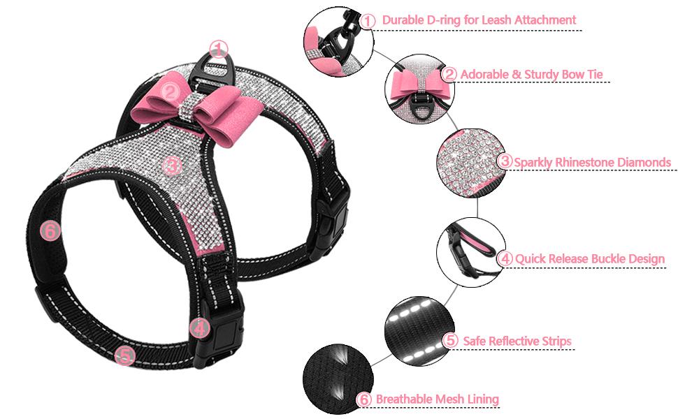 Dog Harness+Leash Sets with Rhinestones – Sparkly Bowknot & Reflective Trim