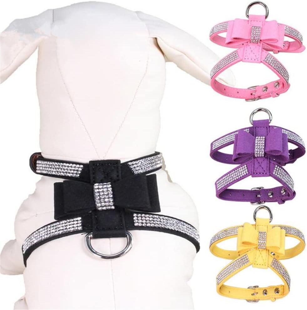 Suede Dog Harness & Leash Set – Rhinestone Bow, Soft & Elegant