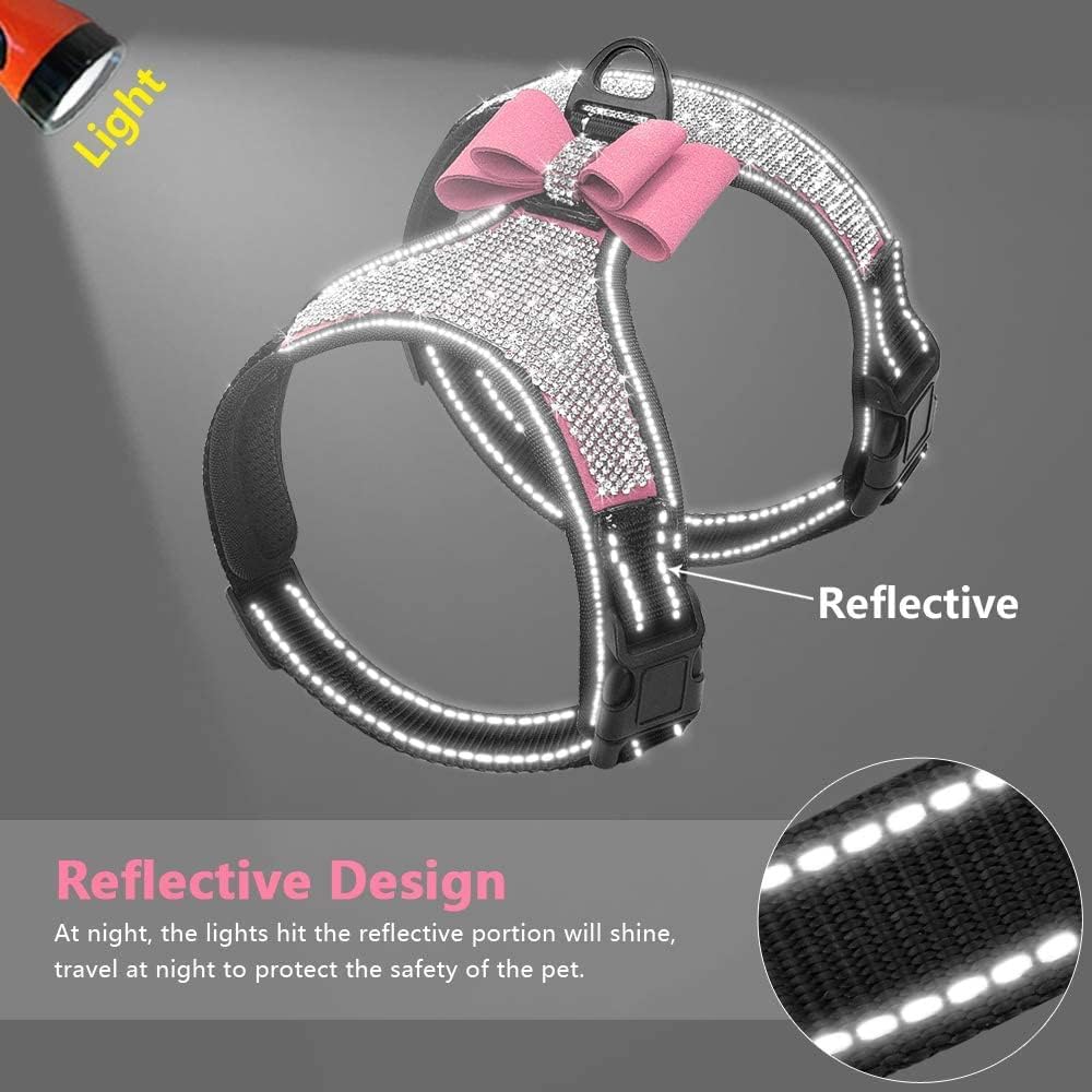 Dog Harness+Leash Sets with Rhinestones – Sparkly Bowknot & Reflective Trim