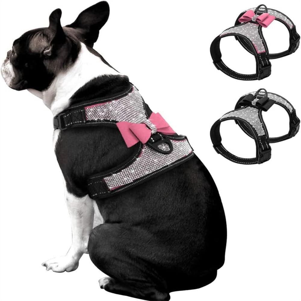 Dog Harness+Leash Sets with Rhinestones – Sparkly Bowknot & Reflective Trim
