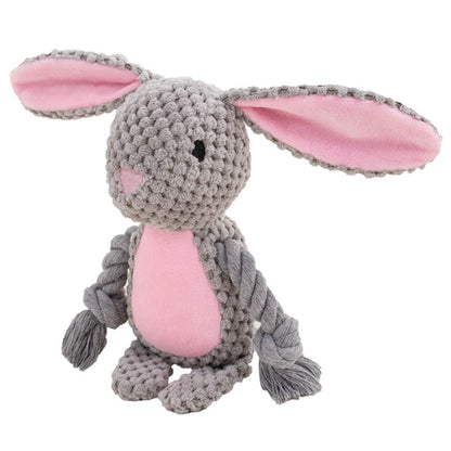 Purrfect Pet Kingdom bunny dog toy with grey crochet body, pink accents, and knotted cotton rope arms for tug-of-war.