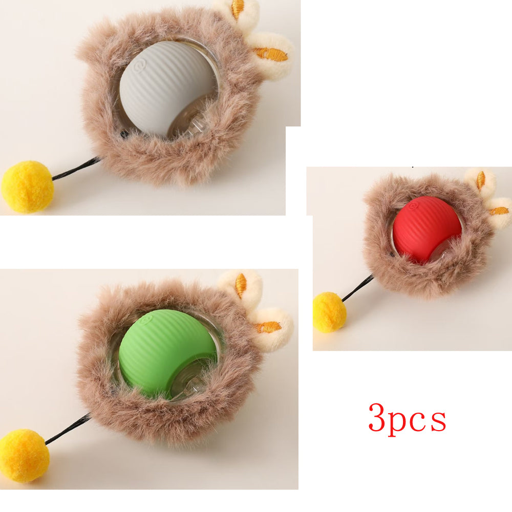 3pcs interactive cat toys: grey, red, and green rolling balls in brown faux fur covers with yellow pom-pom tails.