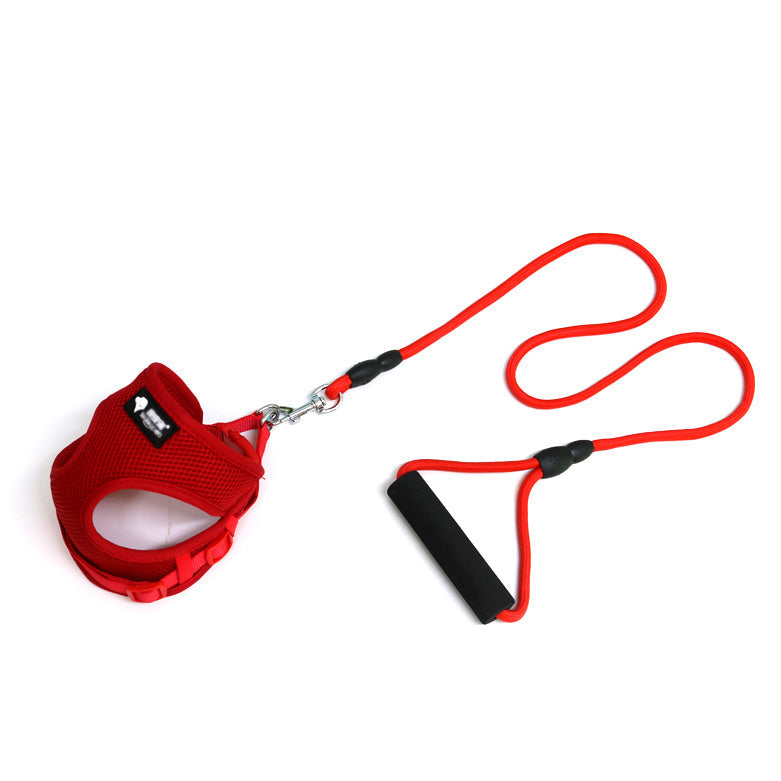 Estely red mesh dog harness and durable rope leash set featuring a comfortable black foam handle.