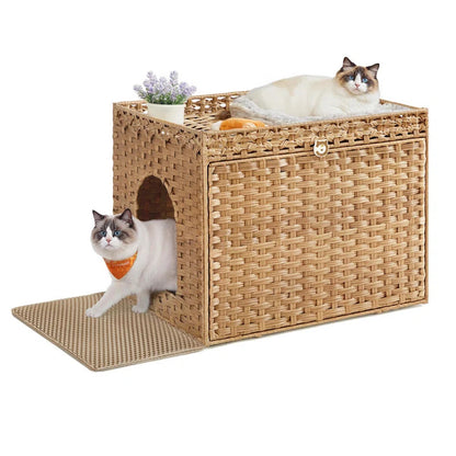 Boho Rattan Enclosed Litter Box for Cats and Feline Privacy