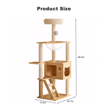 HouseOfZazla 48.8" modern wood cat tower with 5 levels, clear capsule hammock, condo, and beige plush perch.