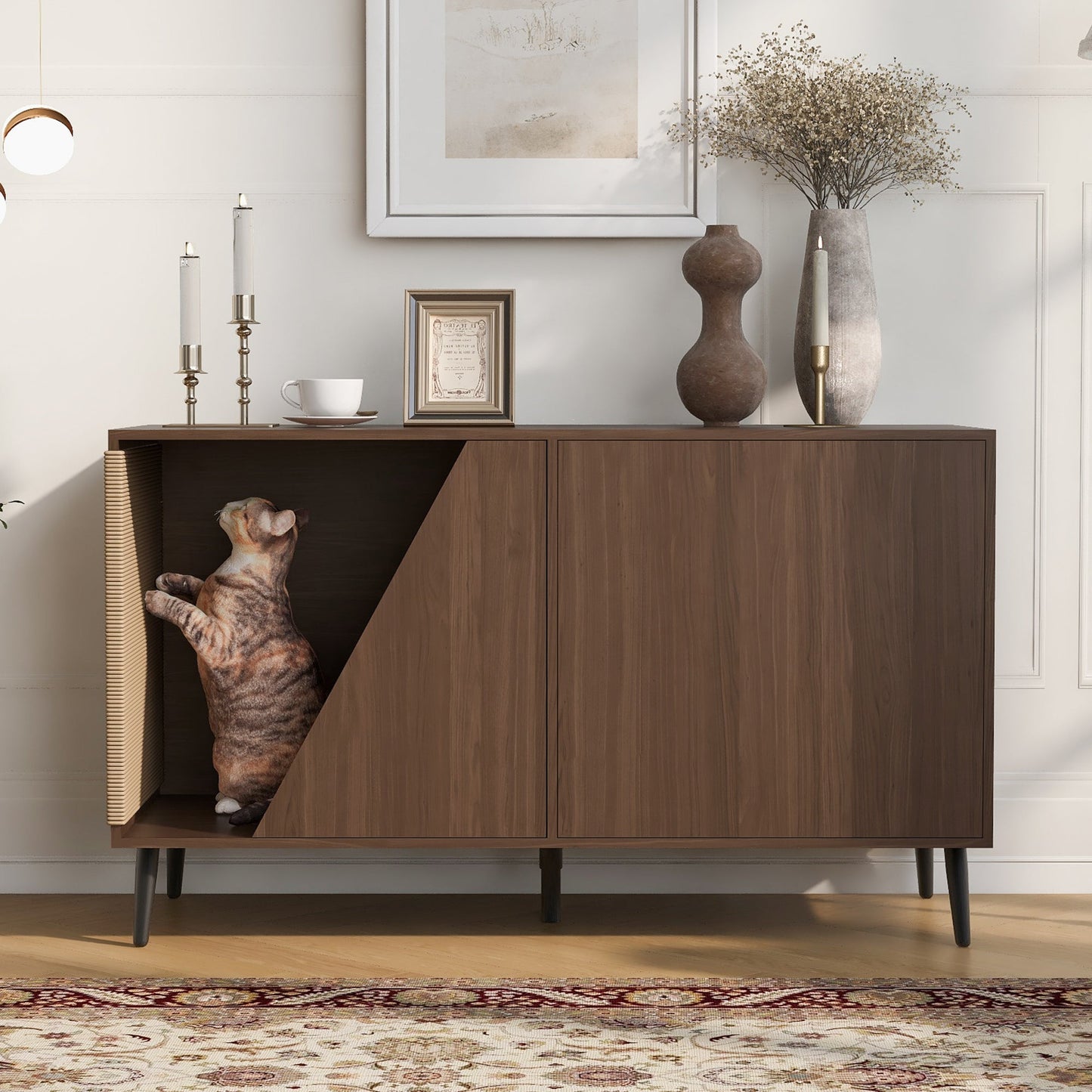 Cat Furniture 2 IN 1 Modern Walnut Cabinet Side Table With