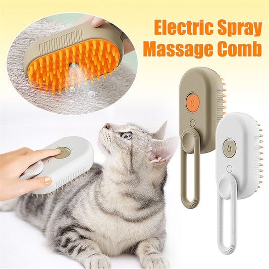 Estely 3-in-1 electric steamy pet brush in khaki and white with mist spray and orange silicone massage bristles.