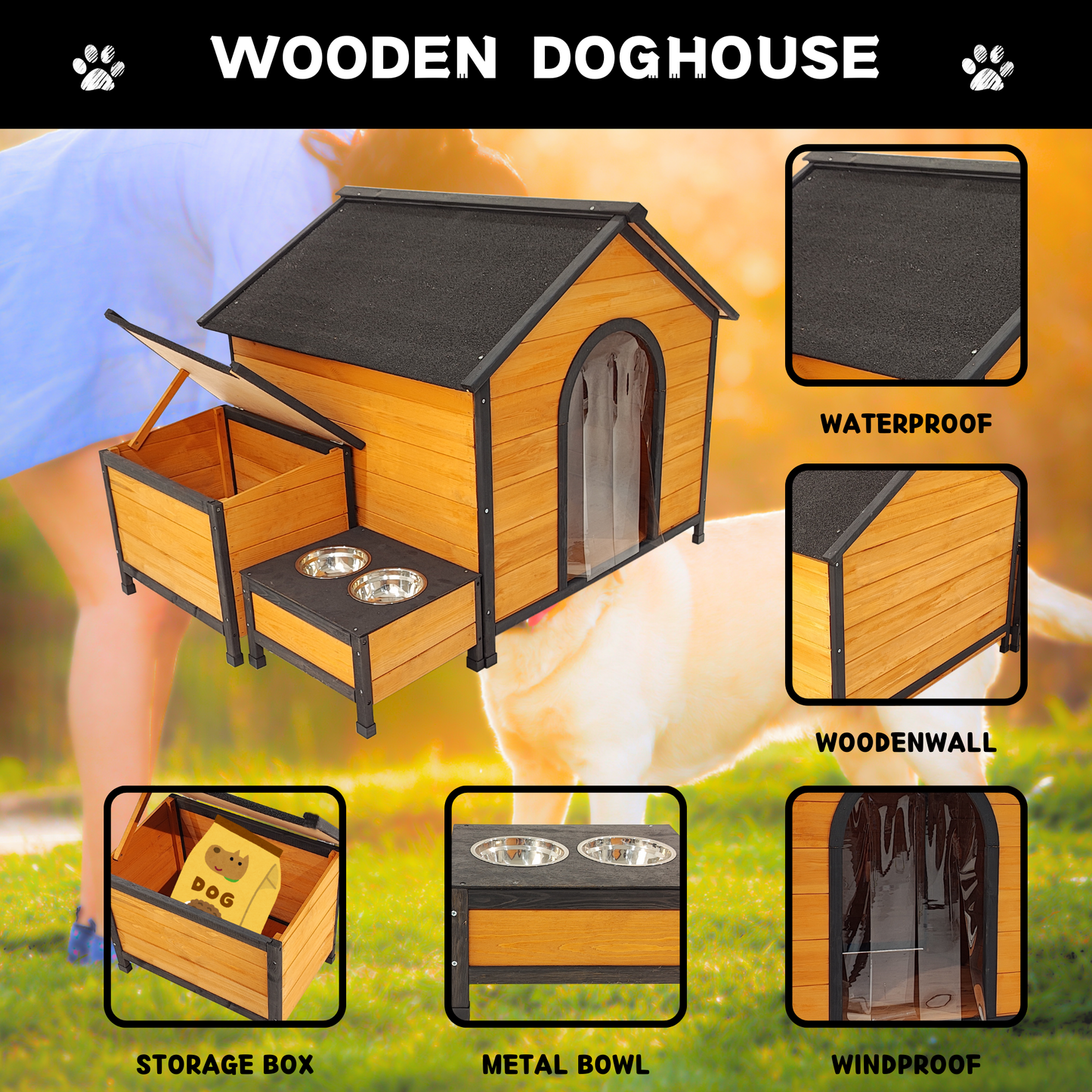 XPT088 Wearable and Strong Wooden Dog House with Metal Bowls