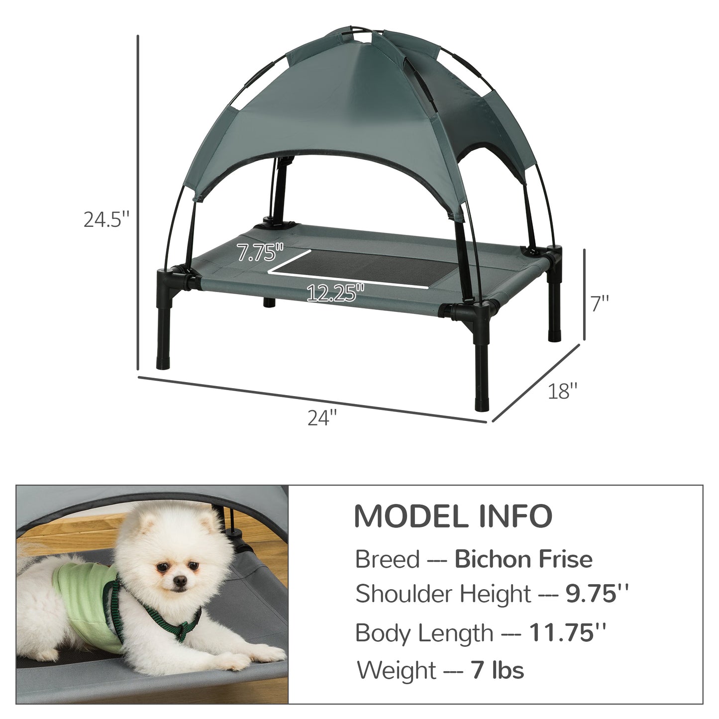 24" Elevated Outdoor Dog Bed with Canopy - Grey