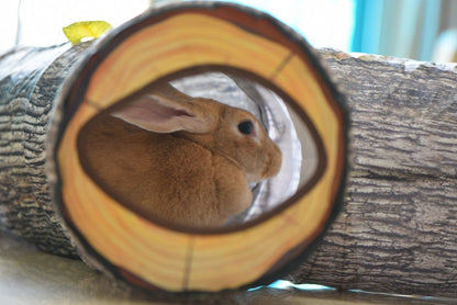 Estely Zhiyi tree pattern collapsible fabric cat tunnel; realistic brown bark print with a rabbit sitting inside.