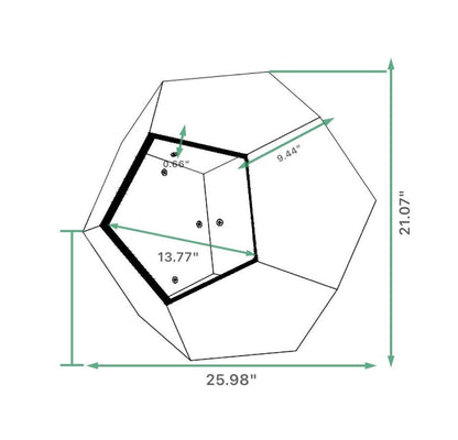 Dimension diagram for a gray MDF geometric cat house: 25.98" W x 21.07" H with 13.77" pentagonal entry.