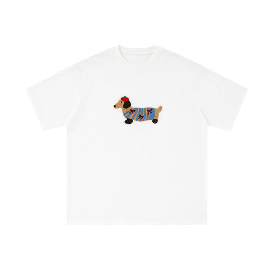 Sausage Dog Flocking Embroidery Short Sleeve T-Shirt Unisex INS Casual Loose Pure Cotton Top Summer Tee Street Fashion
