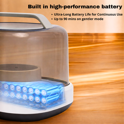 Dr. Milou CalmCare™ kit base with smoky plastic dome, white trim, and cutaway view of blue internal battery cells.