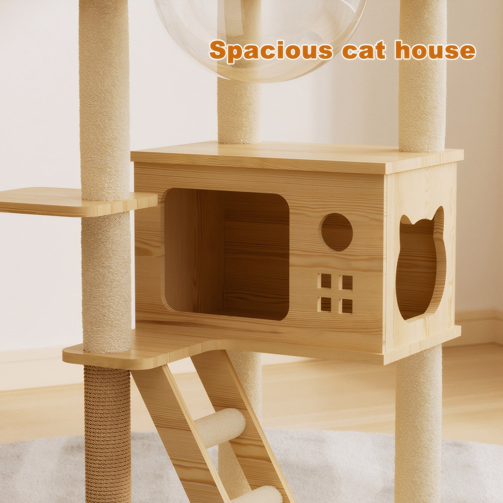 HouseOfZazla light wood cat tower with a spacious condo, sisal scratching posts, and clear bubble dome hammock.